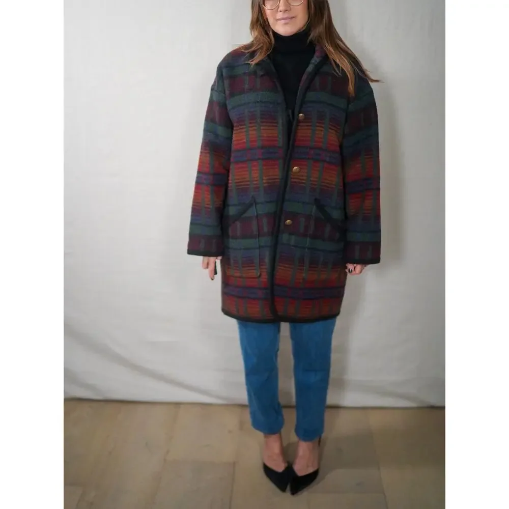 Vintage Oversized Plaid Wool Coat in Forest Green & Oxblood - Picture 2 of 10